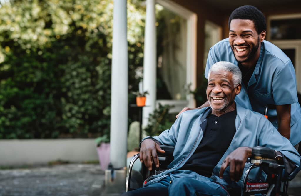 Young male caregiver pushing a senior man in his wheelchair