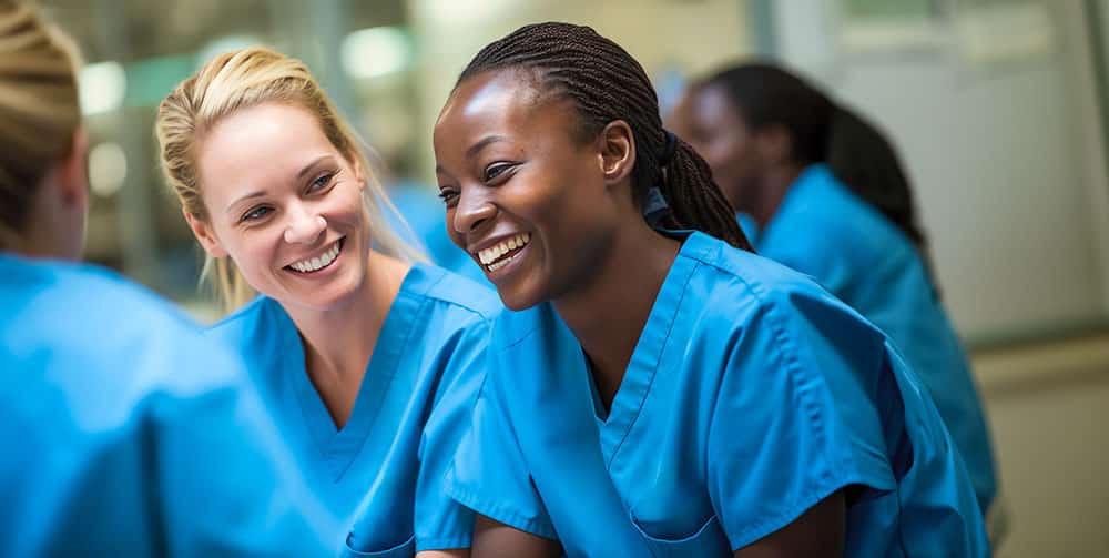 Nurse team of smiling colleagues in blue scrubs