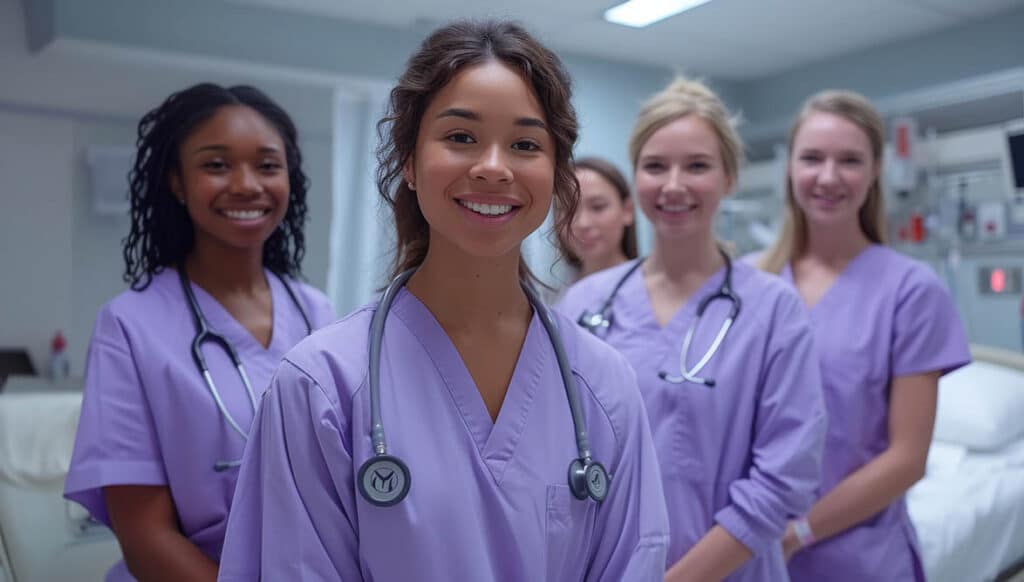 group of smiling female nurses in purple scrubs